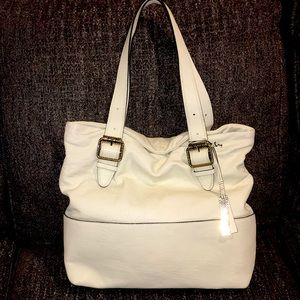 Vince Camuto Cream Leather Tote with Gold Buckle Accents